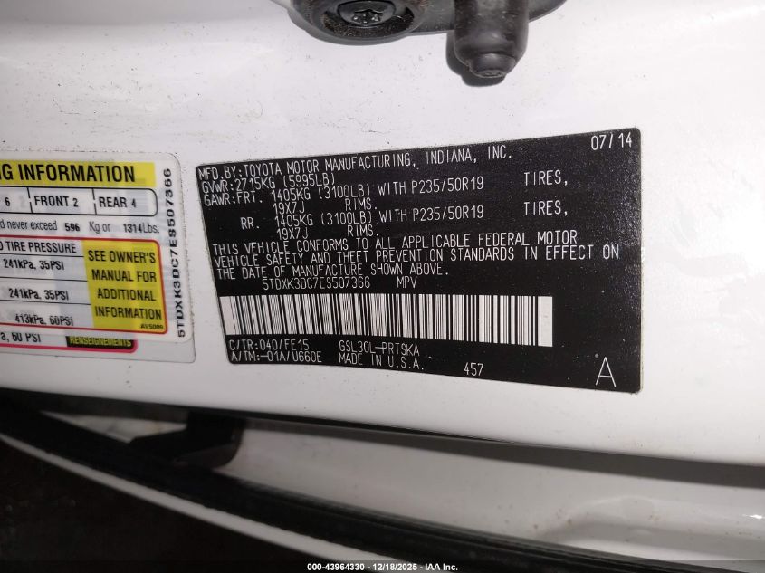 2014 Toyota Sienna Se 8 Passenger VIN: 5TDXK3DC7ES507366 Lot: 43964330