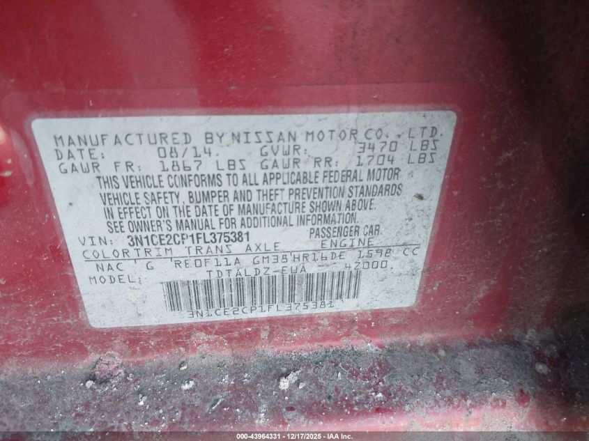 2015 Nissan Versa Note S (Sr)/S Plus/Sl/Sr/Sv VIN: 3N1CE2CP1FL375381 Lot: 43964331