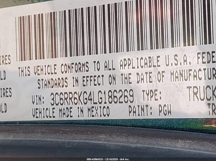 2020 Ram 1500 Classic Tradesman 4X2 5'7 Box VIN: 3C6RR6KG4LG186269 Lot: 43964333