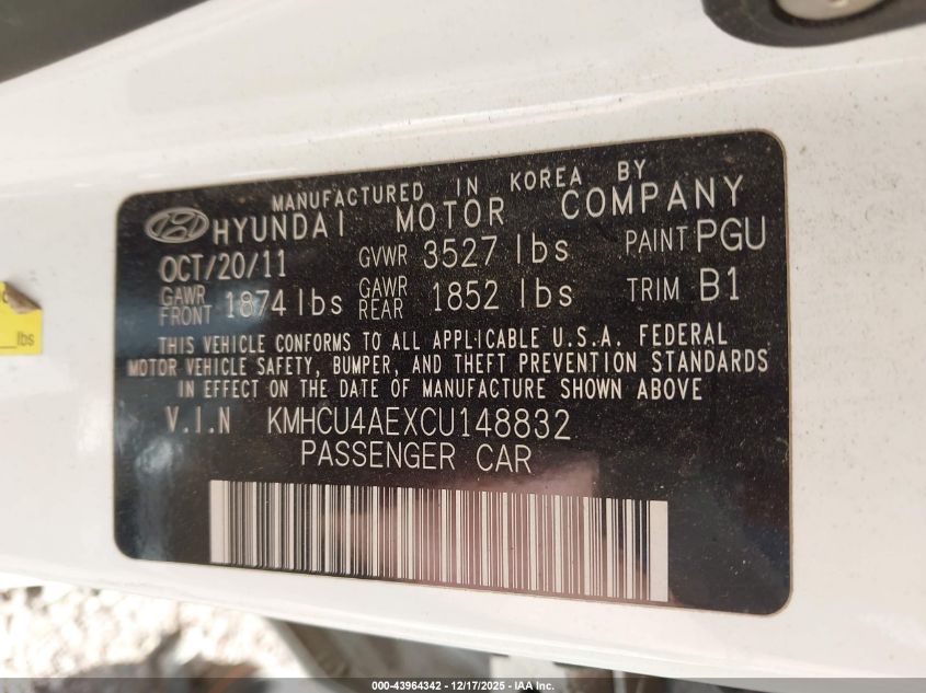 2012 Hyundai Accent Gls VIN: KMHCU4AEXCU148832 Lot: 43964342