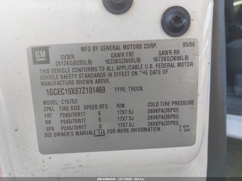 2007 Chevrolet Silverado 1500 Classic Work Truck VIN: 1GCEC19X67Z101469 Lot: 43964345