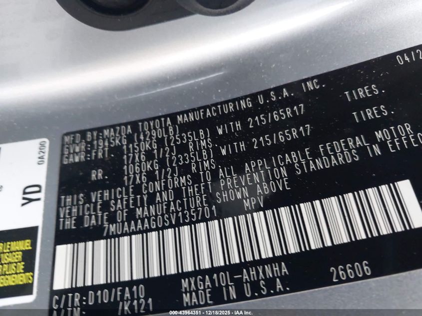 2025 Toyota Corolla Cross L VIN: 7MUAAAAG0SV135701 Lot: 43964351