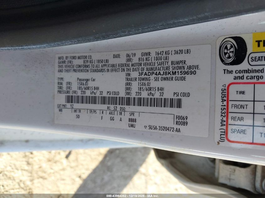 2019 Ford Fiesta S VIN: 3FADP4AJ8KM159690 Lot: 43964352