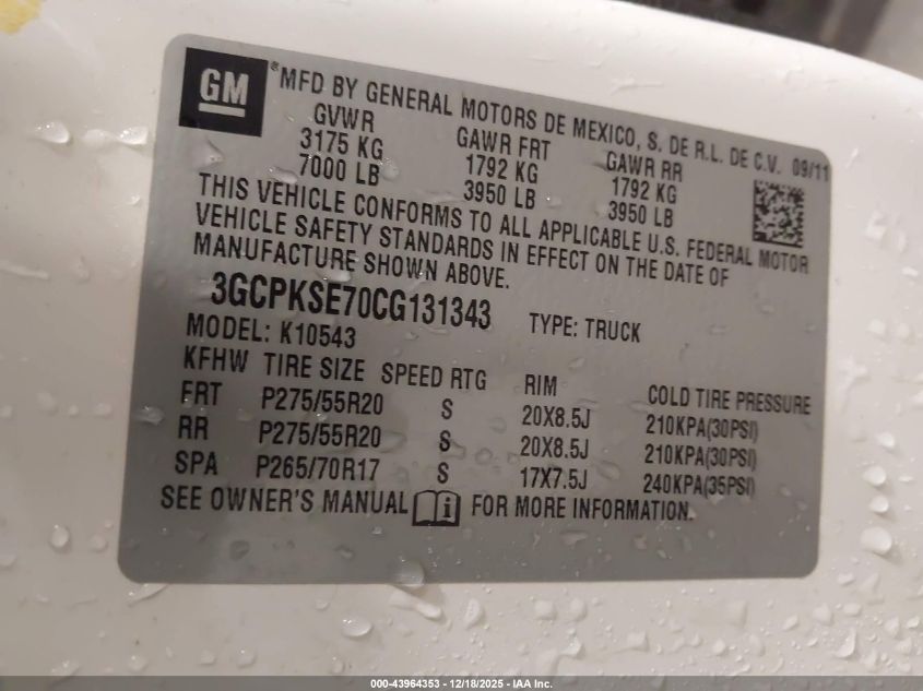 2012 Chevrolet Silverado 1500 Lt VIN: 3GCPKSE70CG131343 Lot: 43964353