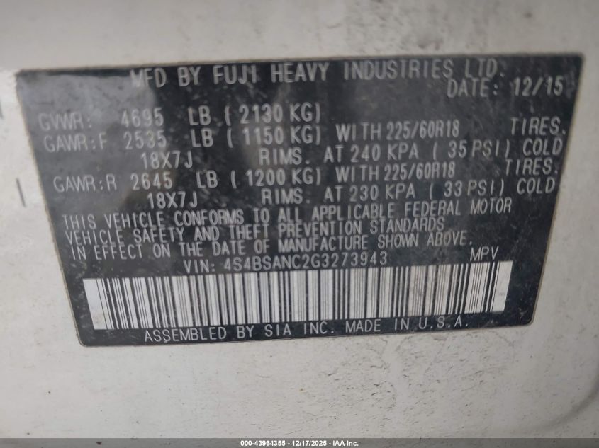 2016 Subaru Outback 2.5I Limited VIN: 4S4BSANC2G3273943 Lot: 43964355