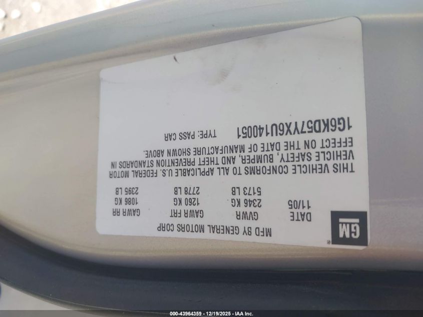 2006 Cadillac Dts Standard VIN: 1G6KD57YX6U140051 Lot: 43964359