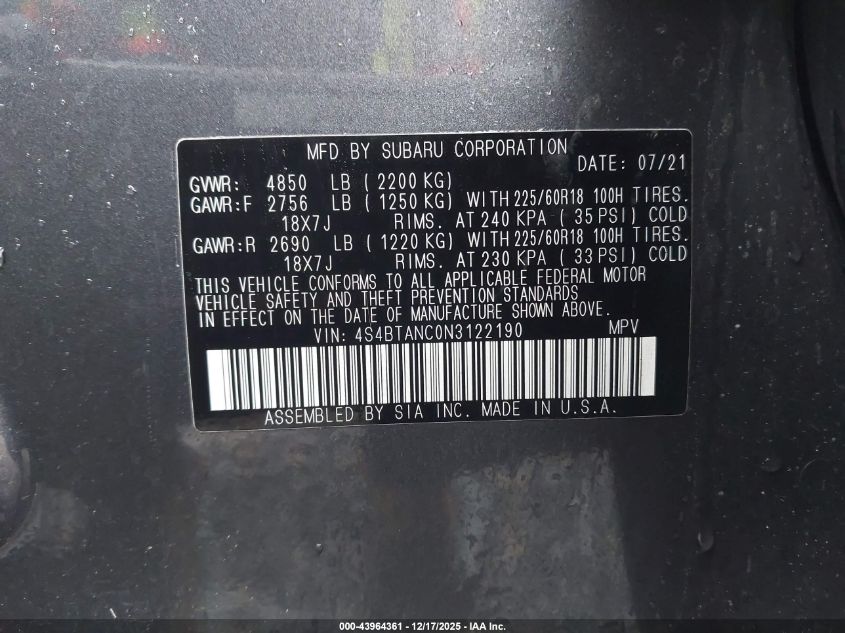 2022 Subaru Outback Limited VIN: 4S4BTANC0N3122190 Lot: 43964361