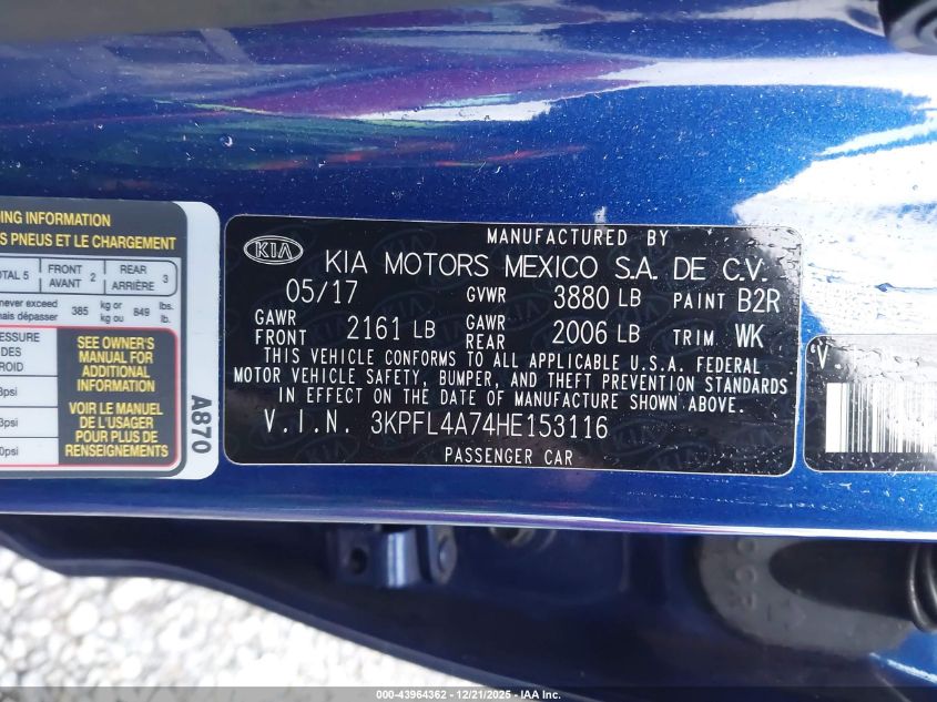2017 Kia Forte Lx VIN: 3KPFL4A74HE153116 Lot: 43964362