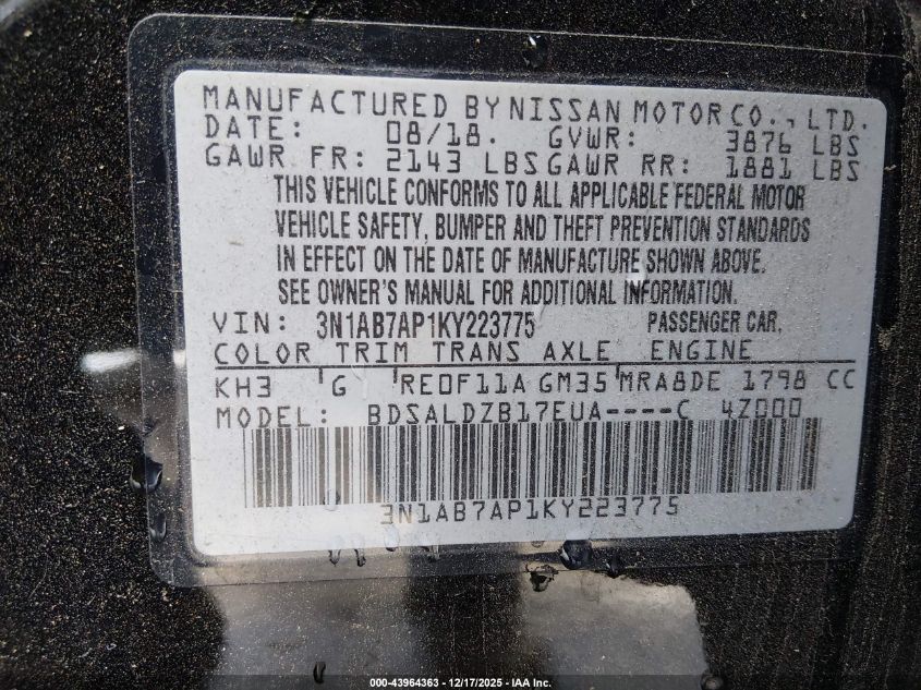 2019 Nissan Sentra Sv VIN: 3N1AB7AP1KY223775 Lot: 43964363