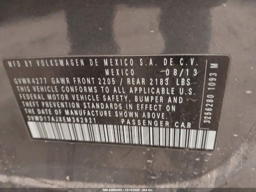 2014 Volkswagen Jetta 1.8T Se VIN: 3VWD17AJXEM362921 Lot: 43964365