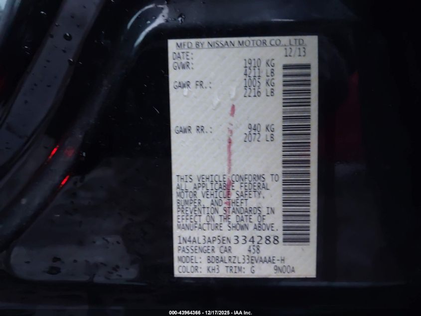 2014 Nissan Altima 2.5 S VIN: 1N4AL3AP5EN334288 Lot: 43964366