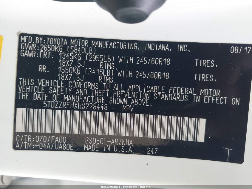 2017 Toyota Highlander Le Plus VIN: 5TDZZRFHXHS228448 Lot: 43964371