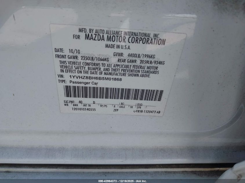 2011 Mazda Mazda6 I Sport VIN: 1YVHZ8BH6B5M01868 Lot: 43964373