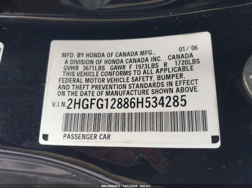 2006 Honda Civic Ex VIN: 2HGFG12886H534285 Lot: 43964372