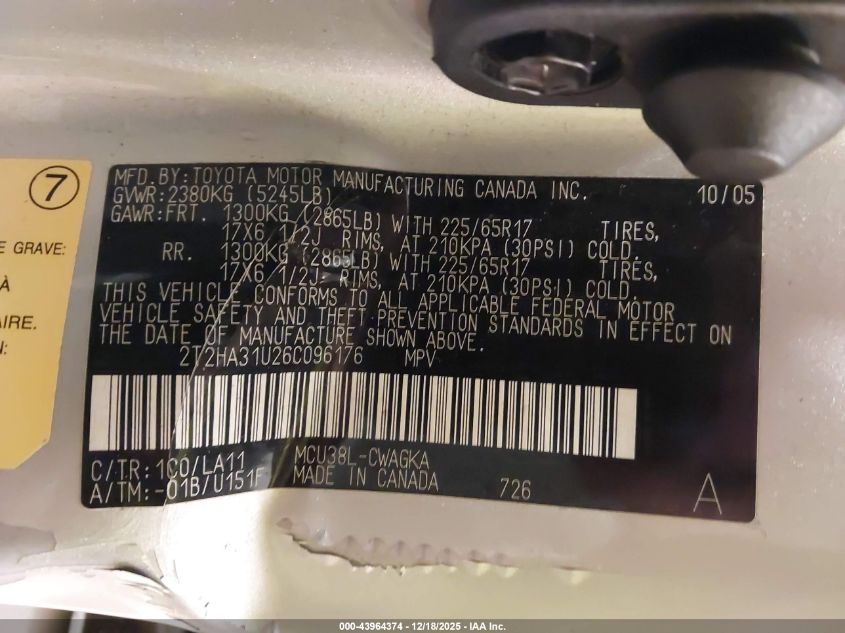 2006 Lexus Rx 330 VIN: 2T2HA31U26C096176 Lot: 43964374