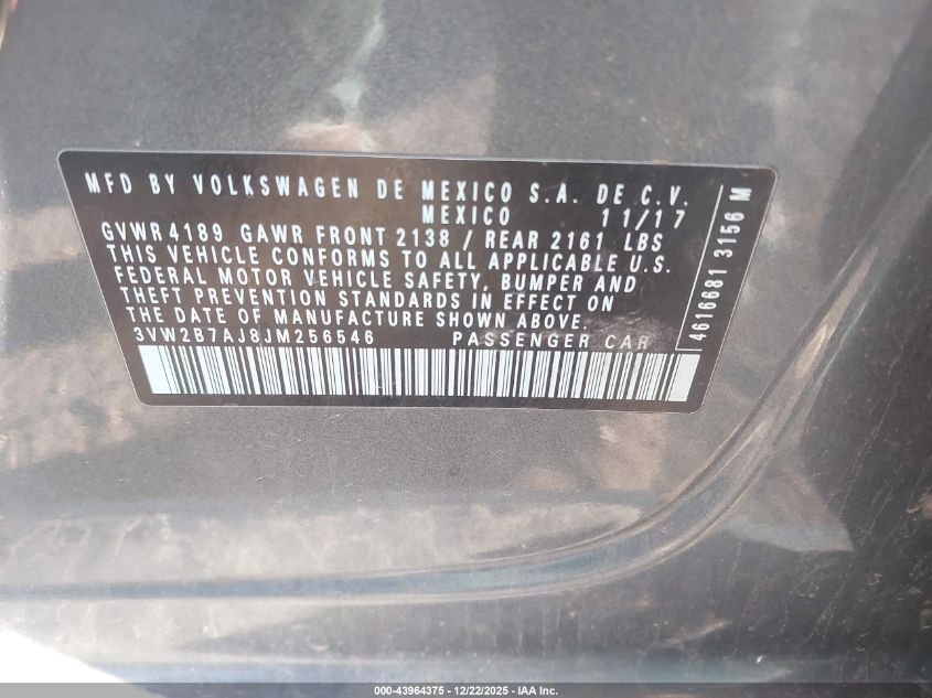 2018 Volkswagen Jetta 1.4T S VIN: 3VW2B7AJ8JM256546 Lot: 43964375