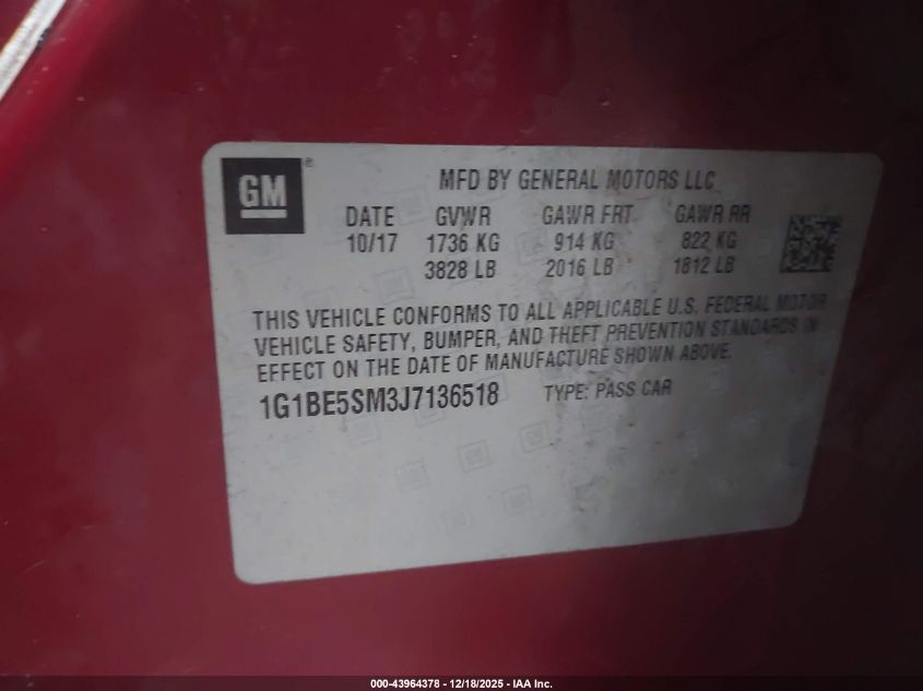 2018 Chevrolet Cruze Lt Auto VIN: 3G1BE6SMXJS654052 Lot: 43964378