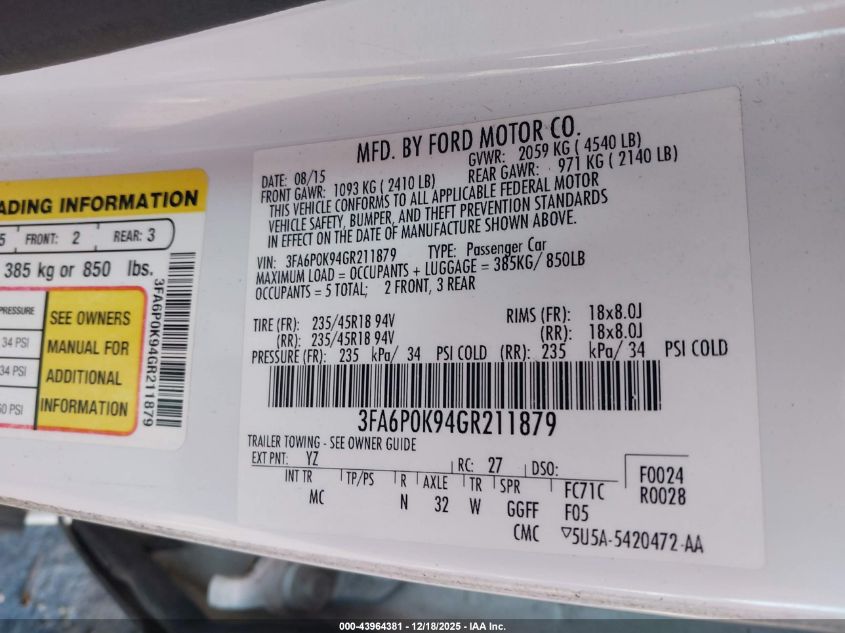 2016 Ford Fusion Titanium VIN: 3FA6P0K94GR211879 Lot: 43964381