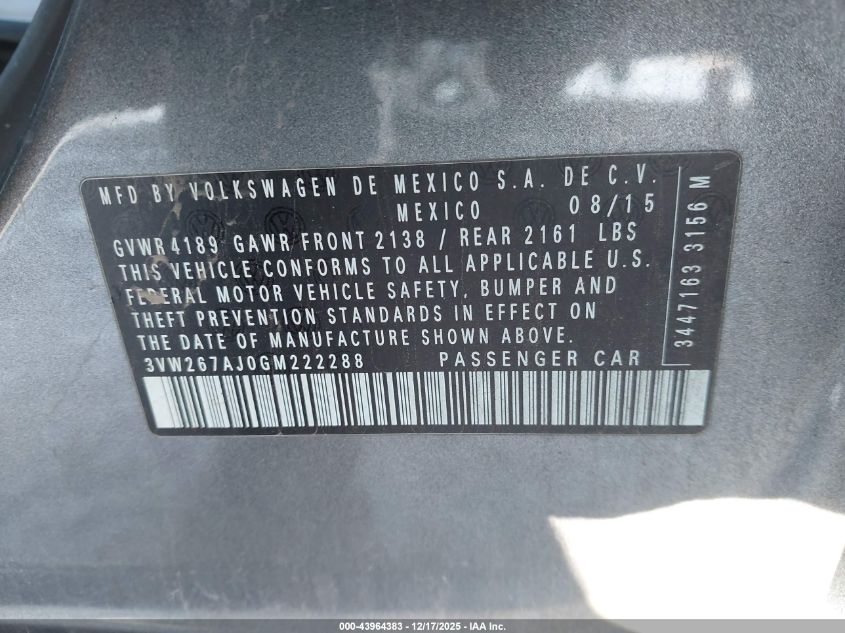2016 Volkswagen Jetta 1.4T S VIN: 3VW267AJ0GM222288 Lot: 43964383