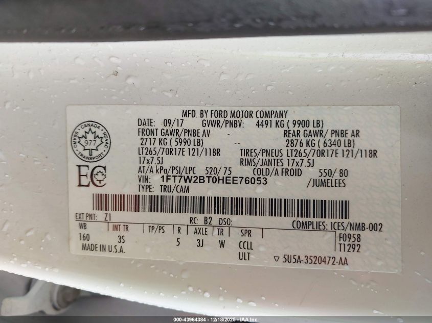 2017 Ford F-250 Xlt VIN: 1FT7W2BT0HEE76053 Lot: 43964384