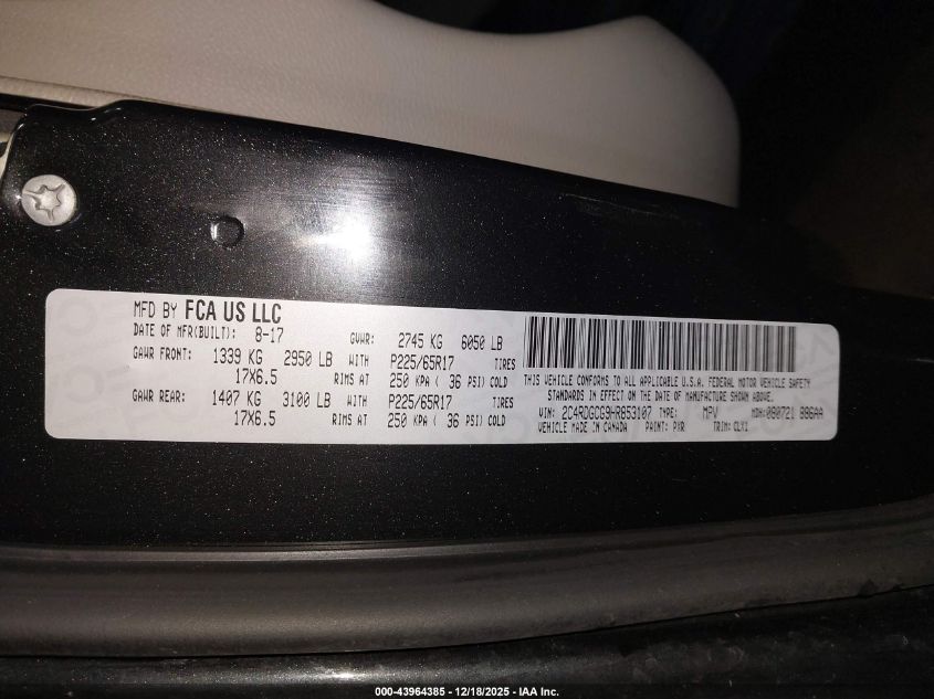 2017 Dodge Grand Caravan Sxt VIN: 2C4RDGCG9HR853107 Lot: 43964385