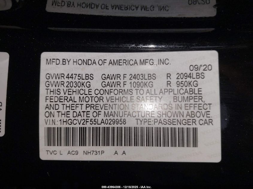 2020 Honda Accord Ex-L 2.0T VIN: 1HGCV2F55LA029958 Lot: 43964386