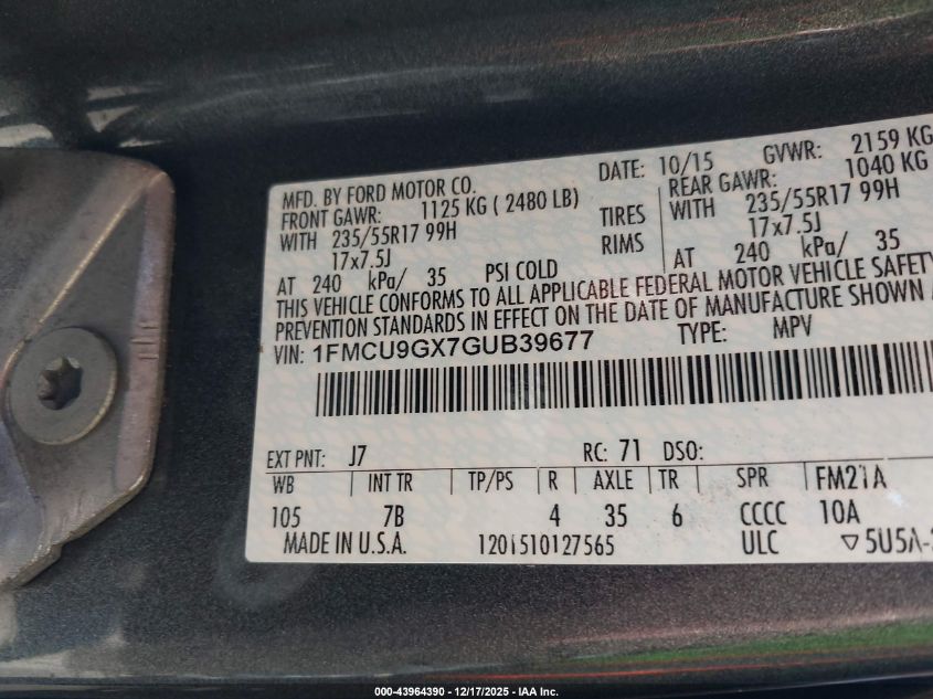 2016 Ford Escape Se VIN: 1FMCU9GX7GUB39677 Lot: 43964390