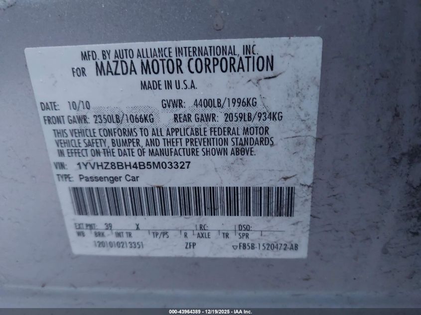 2011 Mazda Mazda6 I Sport VIN: 1YVHZ8BH4B5M03327 Lot: 43964389