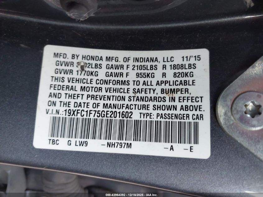 2016 Honda Civic Ex-L VIN: 19XFC1F75GE201602 Lot: 43964392
