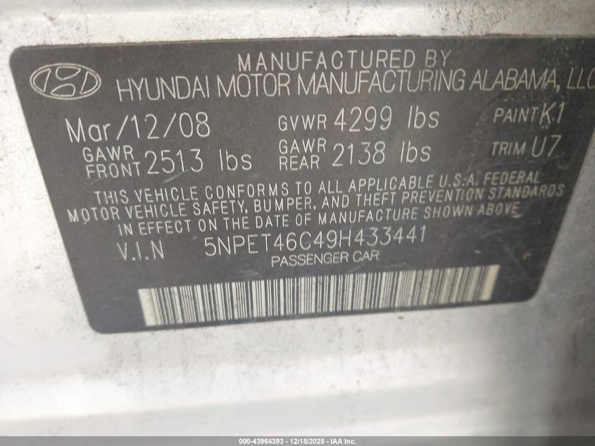 2009 Hyundai Sonata Gls VIN: 5NPET46C49H433441 Lot: 43964393