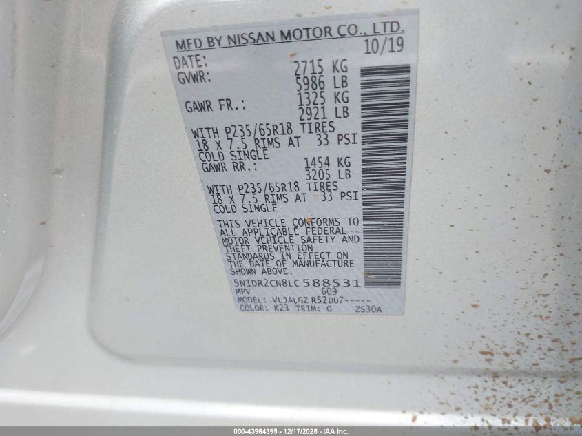 2020 Nissan Pathfinder Sl 2Wd VIN: 5N1DR2CN8LC588531 Lot: 43964395