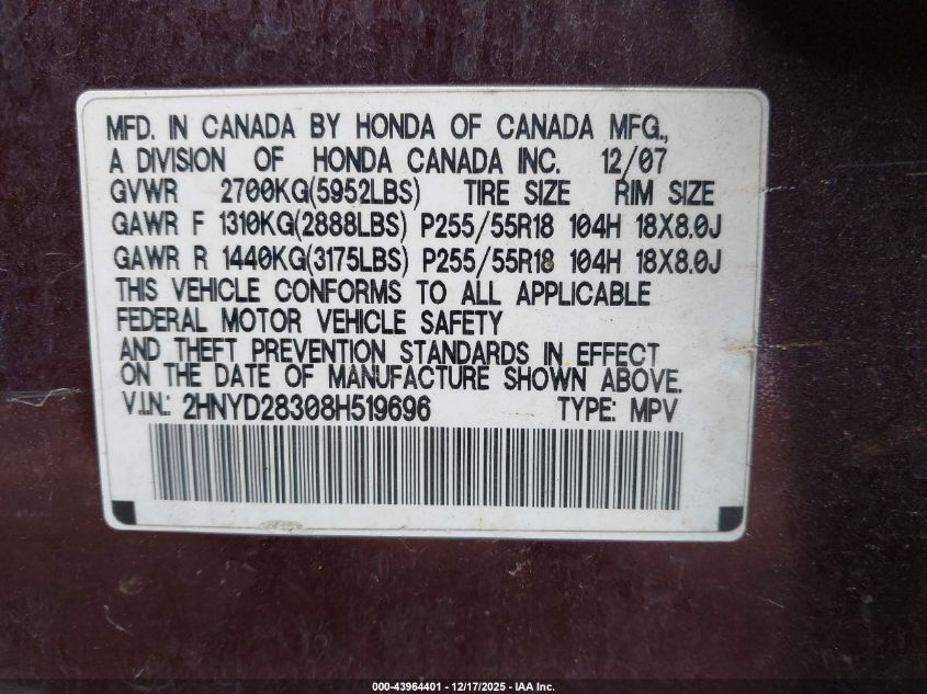 2008 Acura Mdx Technology Package VIN: 2HNYD28308H519696 Lot: 43964401