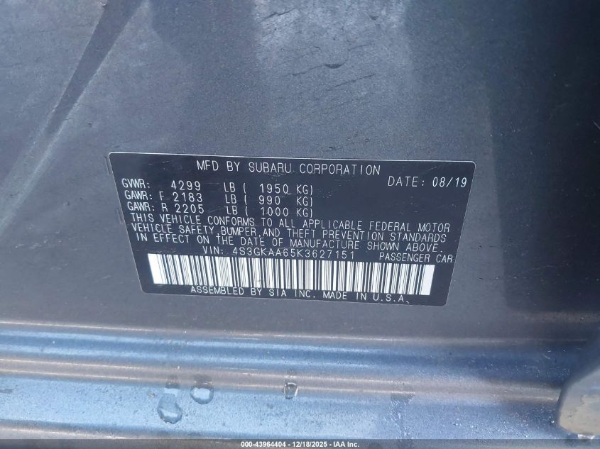 2019 Subaru Impreza 2.0I VIN: 4S3GKAA65K3627151 Lot: 43964404
