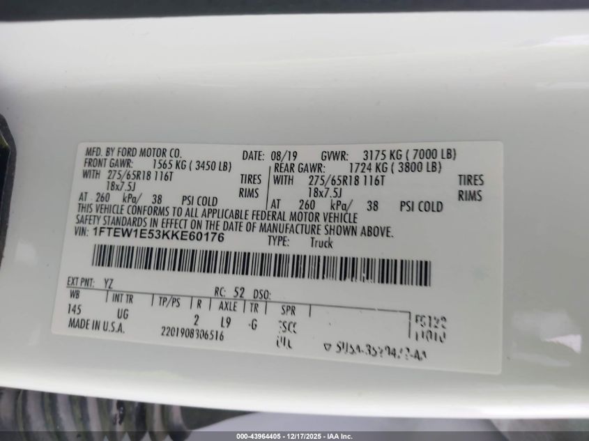 2019 Ford F-150 Xlt VIN: 1FTEW1E53KKE60176 Lot: 43964405