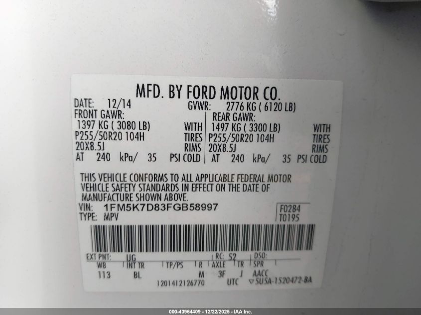 2015 Ford Explorer Xlt VIN: 1FM5K7D83FGB58997 Lot: 43964409