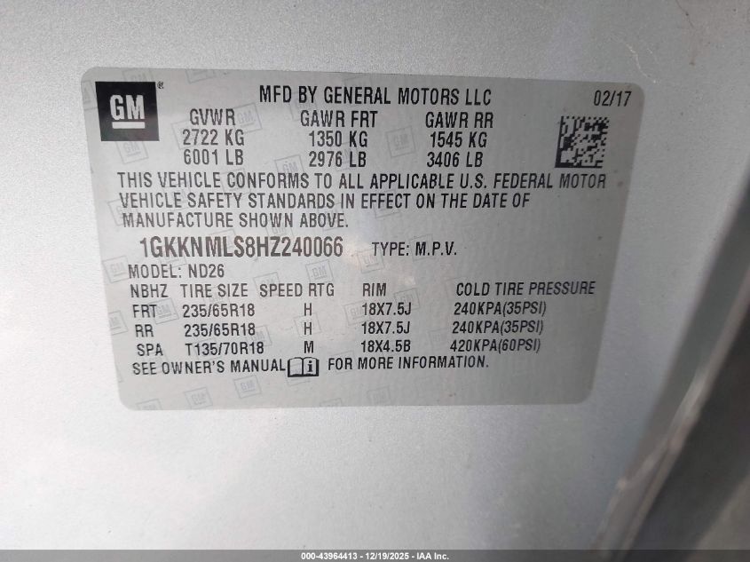 2017 GMC Acadia Slt-1 VIN: 1GKKNMLS8HZ240066 Lot: 43964413