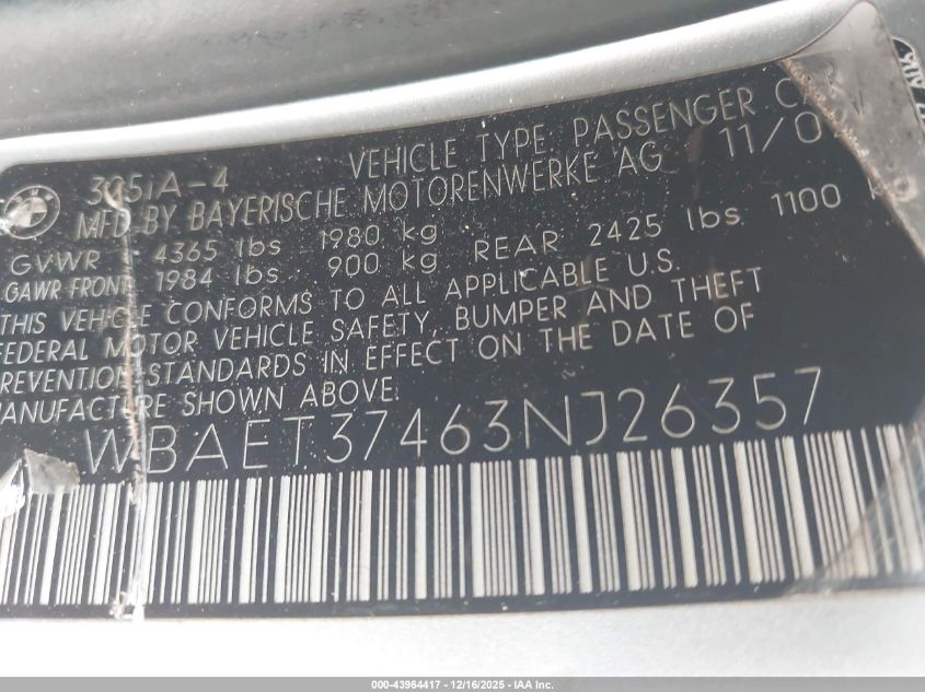 2003 BMW 325I VIN: WBAET37463NJ26357 Lot: 43964417