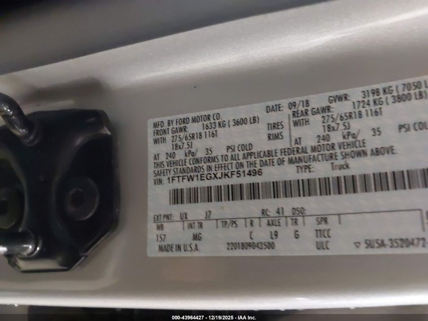 2018 Ford F-150 Xlt VIN: 1FTFW1EGXJKF51496 Lot: 43964427
