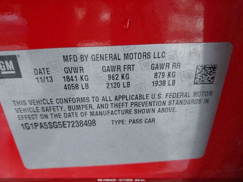 2014 Chevrolet Cruze Ls VIN: 1G1PA5SG5E7238498 Lot: 43964429