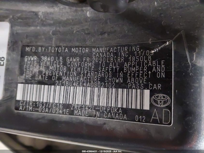 2010 Toyota Corolla Le VIN: 2T1BU4EE4AC302102 Lot: 43964431