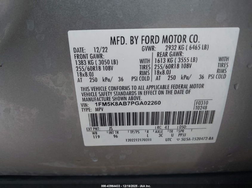 2023 Ford Police Interceptor Utility VIN: 1FM5K8AB7PGA02260 Lot: 43964433