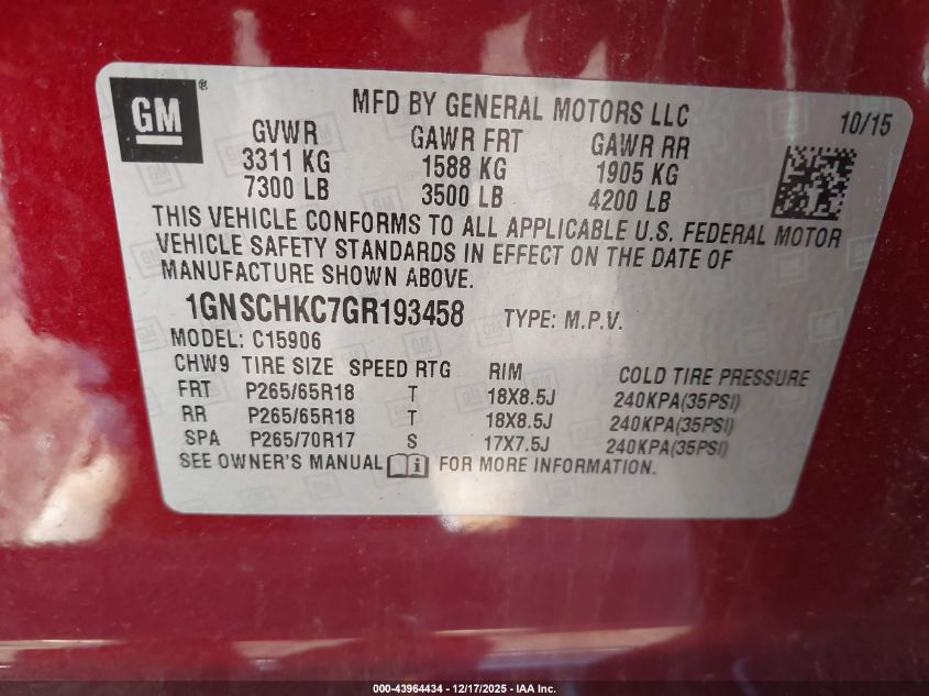 2016 Chevrolet Suburban Lt VIN: 1GNSCHKC7GR193458 Lot: 43964434