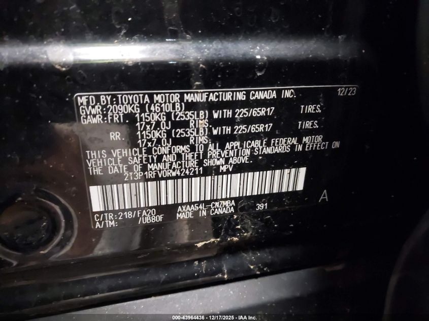 2024 Toyota Rav4 Xle VIN: 2T3P1RFV0RW424211 Lot: 43964436