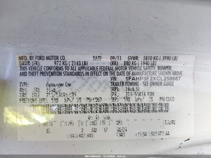 2012 Ford Focus Se VIN: 1FAHP3F2XCL258687 Lot: 43964438