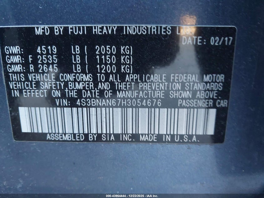 VIN 4S3BNAN67H3054676 2017 SUBARU LEGACY 2.5I LIMITED