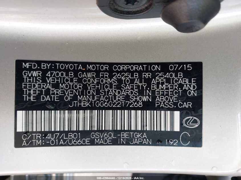 2016 Lexus Es 350 VIN: JTHBK1GG6G2217268 Lot: 43964446