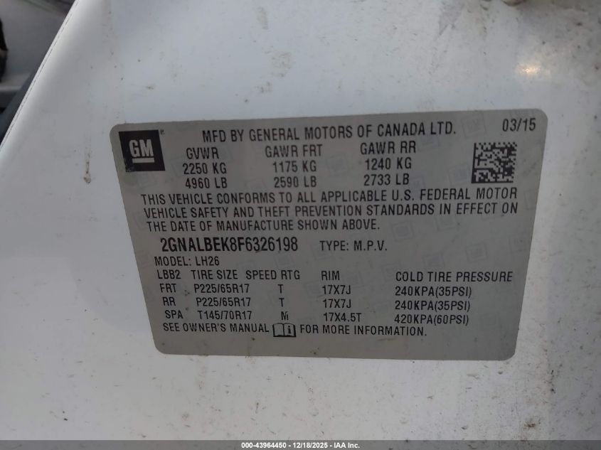 2015 Chevrolet Equinox 1Lt VIN: 2GNALBEK8F6326198 Lot: 43964450