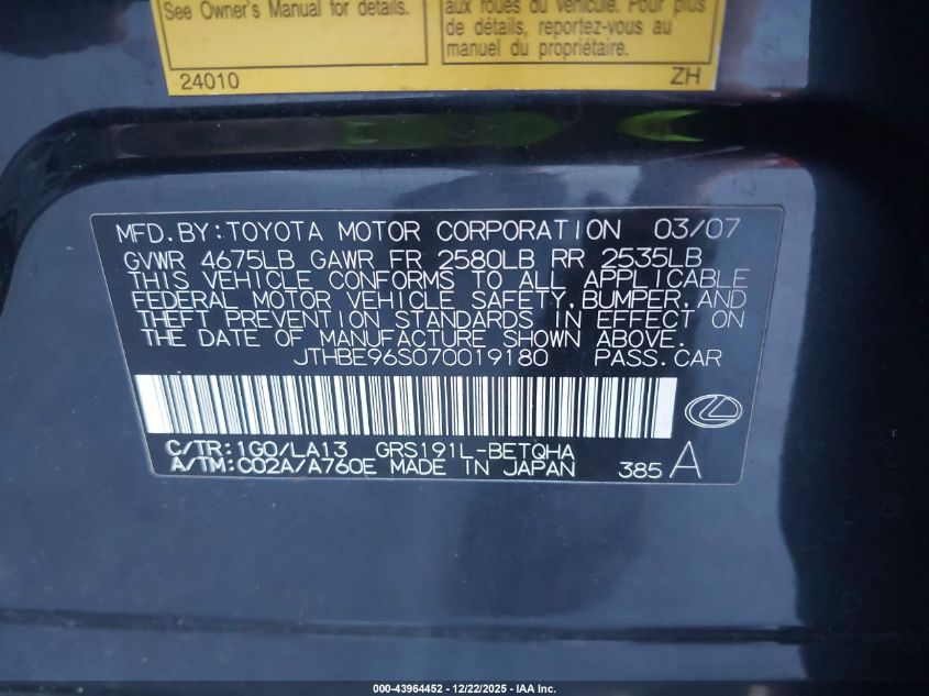 2007 Lexus Gs 350 VIN: JTHBE96S070019180 Lot: 43964452