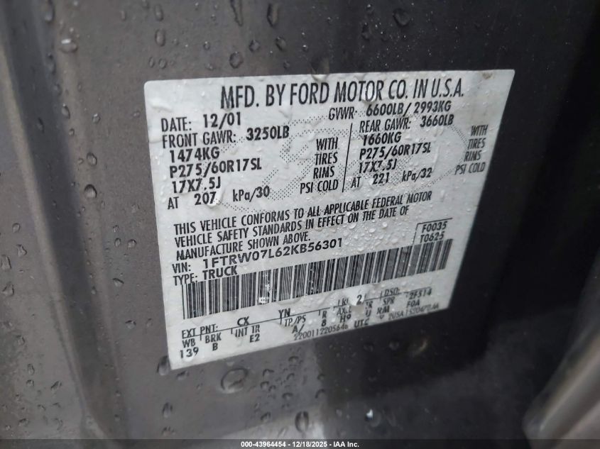 2002 Ford F-150 Lariat/Xlt VIN: 1FTRW07L62KB56301 Lot: 43964454