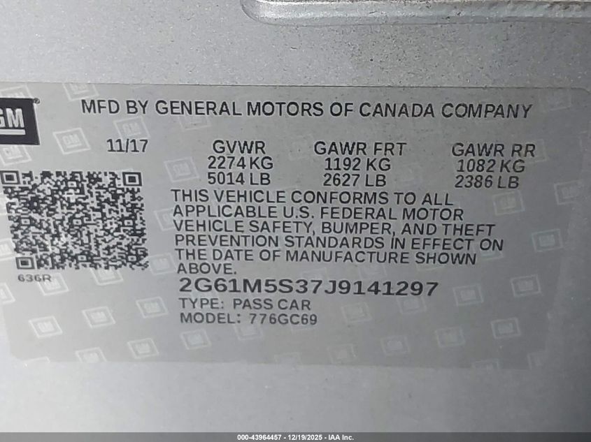 2018 Cadillac Xts Luxury VIN: 2G61M5S37J9141297 Lot: 43964457